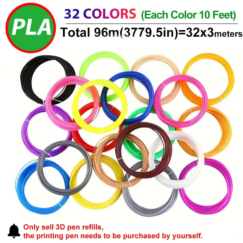 32 Colors 3D Pen Filament 1.75mm PLA, Each Color 10Feet(3m), Total 320 Feet (96m) 3D Pen Filament Refills, Random Color Zenn Organics Inc