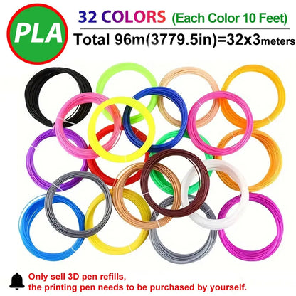 32 Colors 3D Pen Filament 1.75mm PLA, Each Color 10Feet(3m), Total 320 Feet (96m) 3D Pen Filament Refills, Random Color Zenn Organics Inc