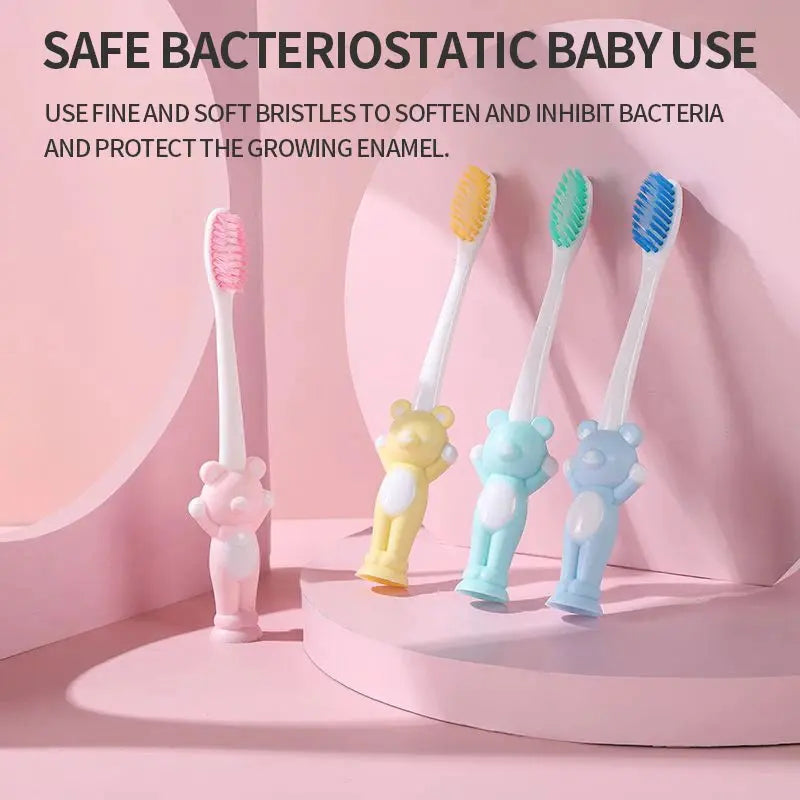 Set of four Little Bear suction cup children's toothbrushes by Zenn Organics Inc, featuring colorful designs for happy baby brushing.