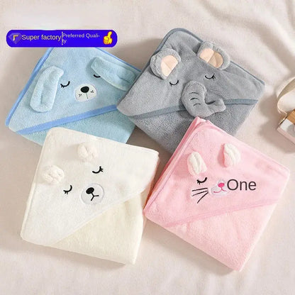 Super soft Zenn Organics Inc baby bath towel with hood, featuring cartoon design, ideal for newborns and children, 80x80cm.