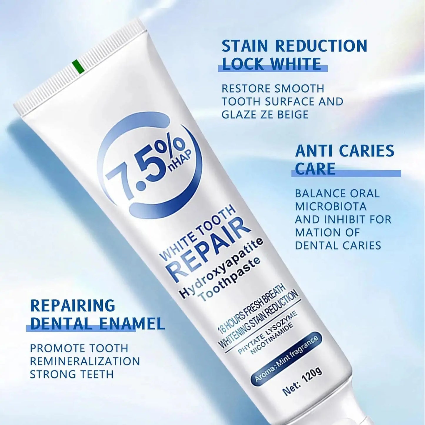 Zenn Organics Inc whitening toothpaste with hydroxyapatite, showing the tube and fresh mint leaves for plaque removal and brightening.