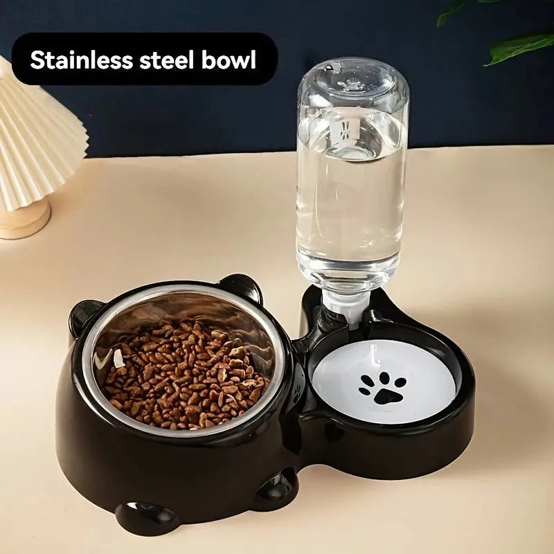 Automatic pet feeder and water dispenser for cats and dogs by Zenn Organics Inc, with integrated feeding system and slanted mouth.