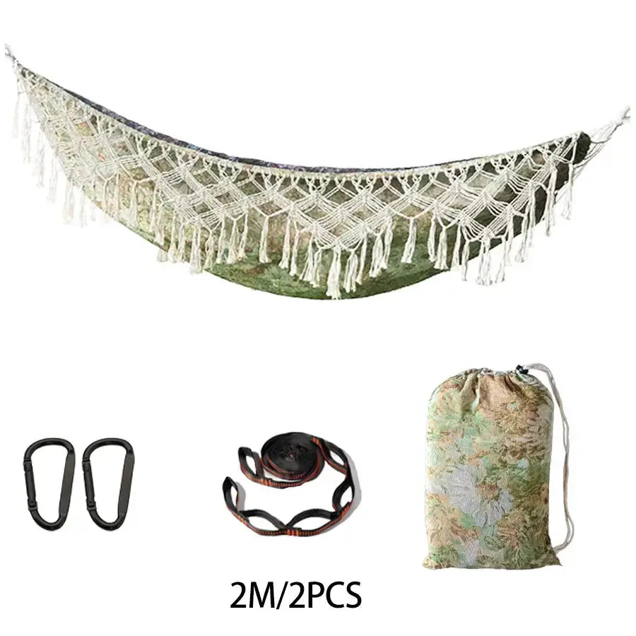 The new Bohemian-style fringed single-person and double-person hammocks are suitable for outdoor garden camping. They come with Zenn Organics Inc