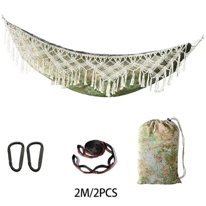 The new Bohemian-style fringed single-person and double-person hammocks are suitable for outdoor garden camping. They come with Zenn Organics Inc