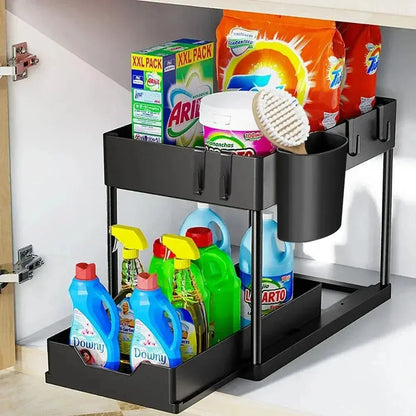 2 Tier Under Sink Organizer Sliding Cabinet Basket Organizer Storage Rack with Hooks Hanging Cup Bathroom Kitchen Organizer Zenn Organics Inc