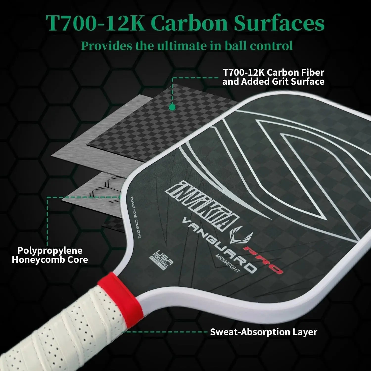 12K pickleball paddle with a 16mm polymer honeycomb core, designed for enhanced spin and power; black with white accents, includ Zenn Organics Inc