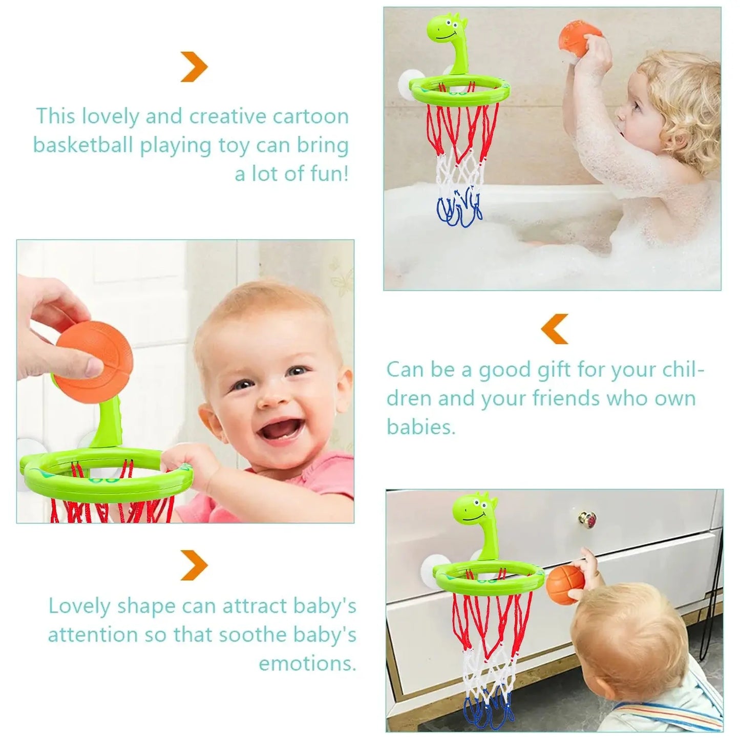 Baby bath toy set from Zenn Organics Inc with suction cup basketball hoop and three colorful balls for water play in a bathtub.