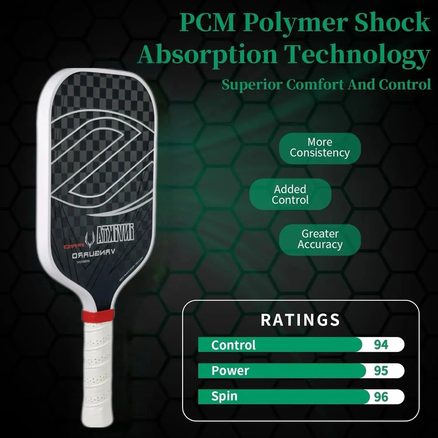 12K pickleball paddle with a 16mm polymer honeycomb core, designed for enhanced spin and power; black with white accents, includ Zenn Organics Inc