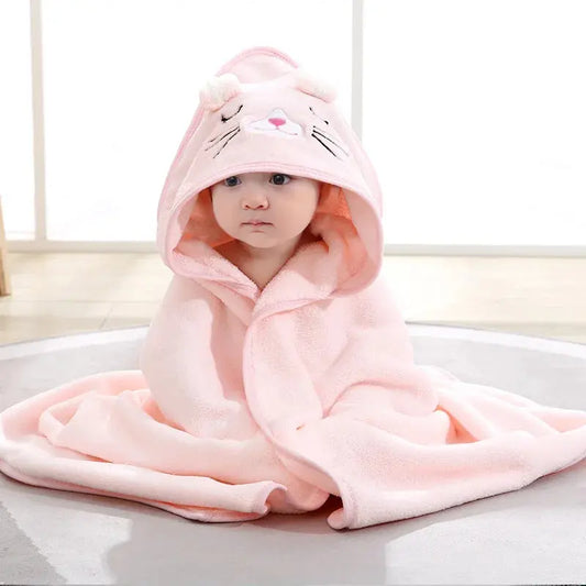 Super soft Zenn Organics Inc baby bath towel with hood, cartoon design, newborn-sized, 80x80cm, absorbent and cozy for children.