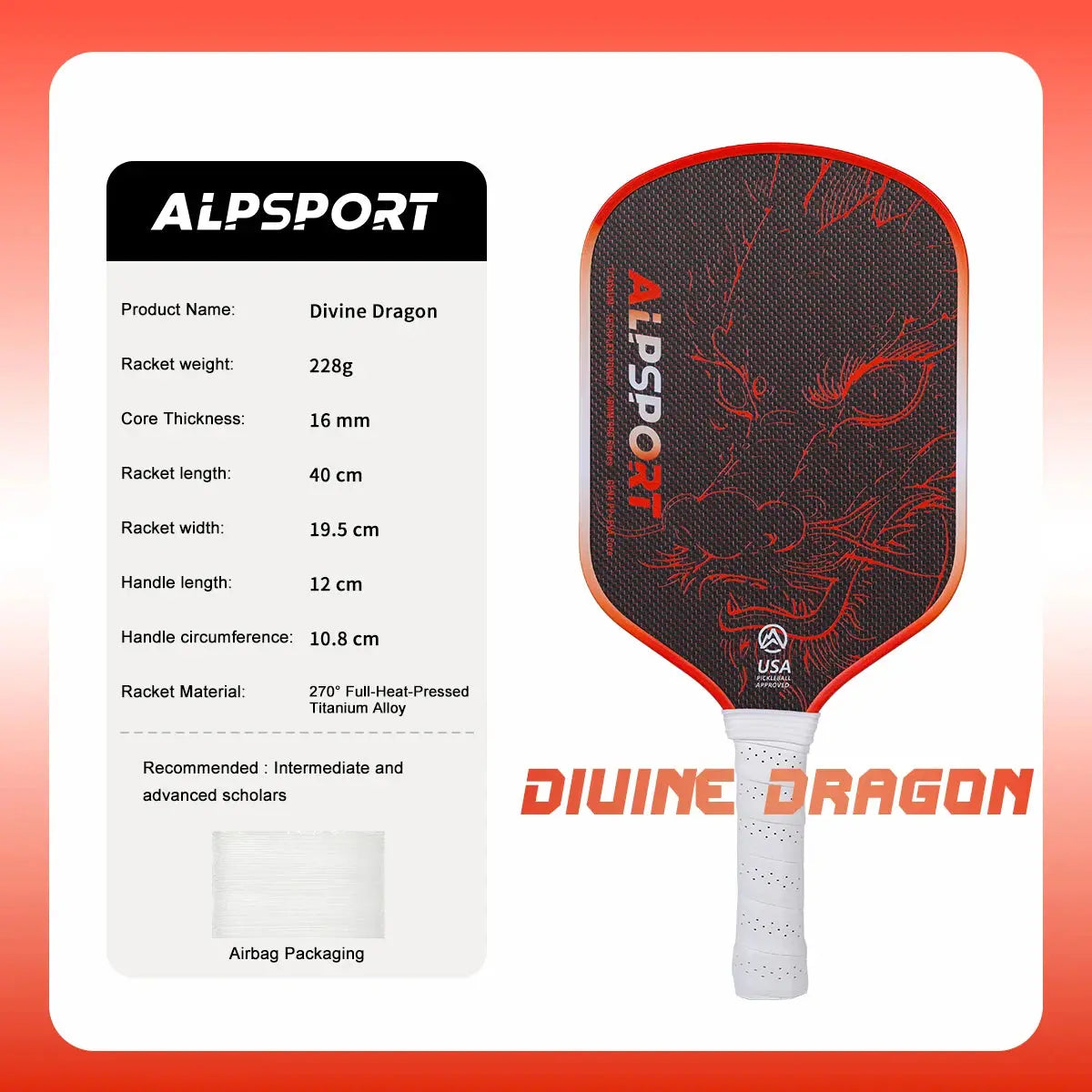 ALPSPORT Draca Pickleball Paddle 16mm Gen4 Core Thermoformed Titanium Alloy T800 Carbon Fiber Increases Spin & Power Zenn Organics Inc