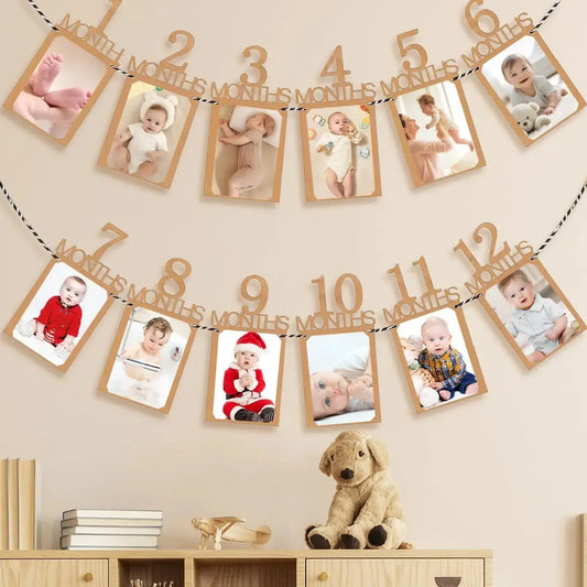 Baby First Birthday Banner, kraft paper Growth Record 1-12 Month Photo Props Baby Boy Girl Party Decoration Supplies Zenn Organics Inc