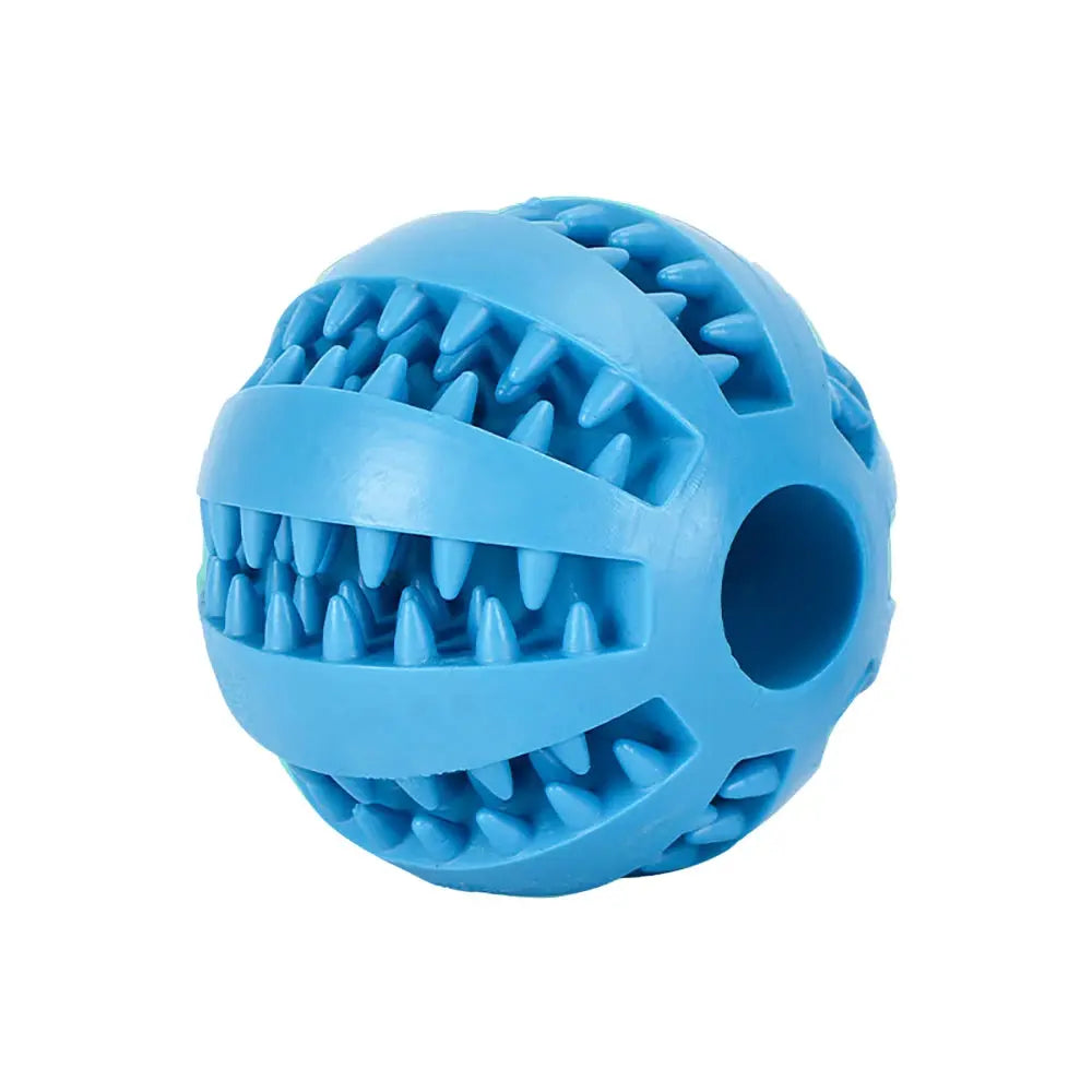 Interactive rubber dog ball toy by Zenn Organics Inc for small puppies, featuring elasticity, chewability, and tooth cleaning benefits.
