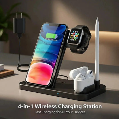 Wireless charging station 4-in-1 stand by Zenn Organics Inc, showing a sleek device with multiple charging pads for smartphones and accessories.