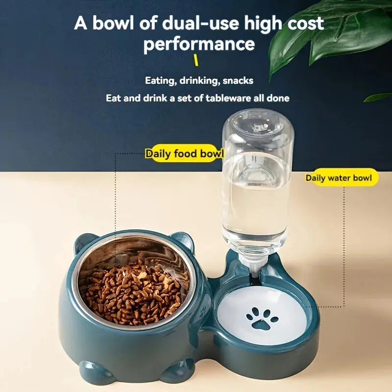 Automatic pet feeder and water dispenser for cats and dogs by Zenn Organics Inc with slanted mouth, no batteries or power needed.