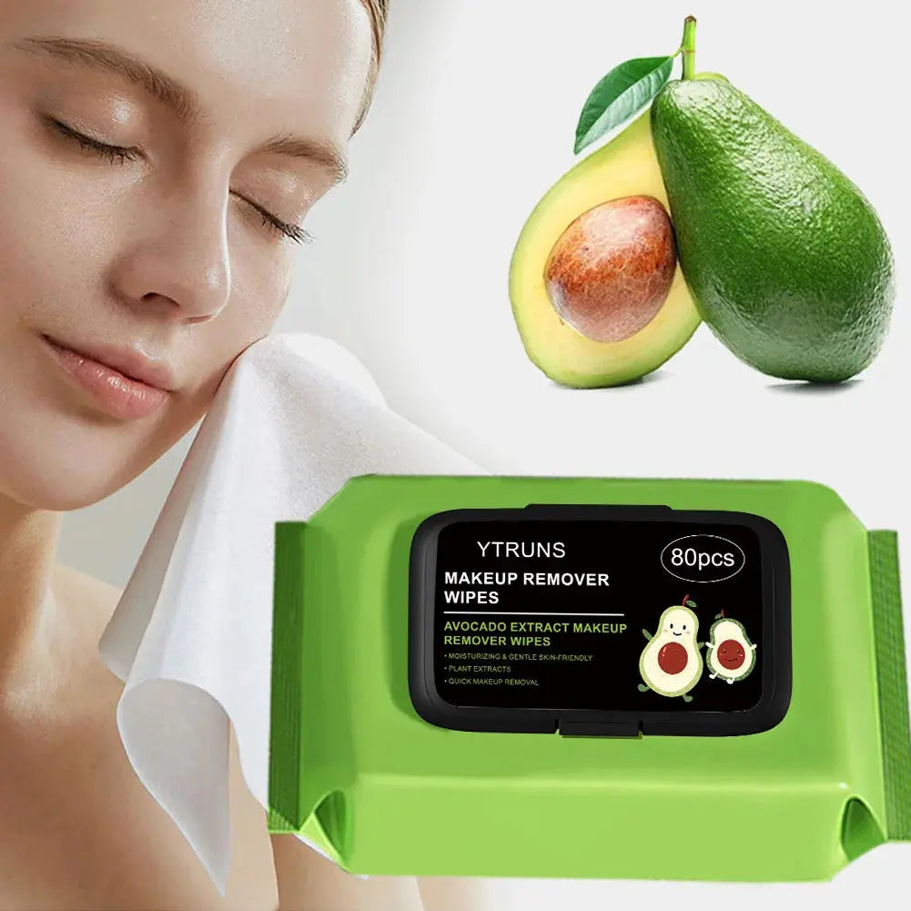 80-pack Zenn Organics avocado-scented makeup removing wipes, deep cleansing, travel-friendly, single-use facial wipes.