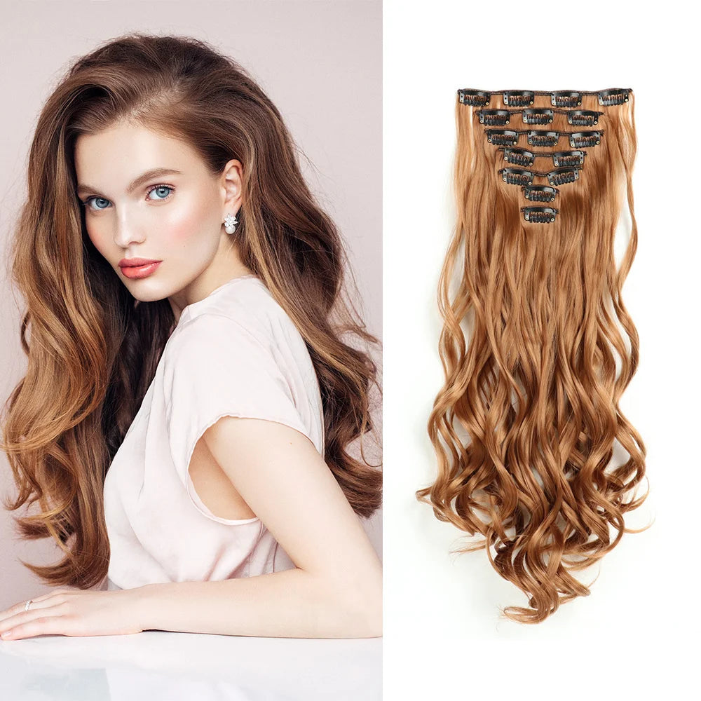 Clip In Hair Extensions 7 PCS Full Head 22 Inch Long Curly Wavy Synthetic Hair Pieces Natural Wavy For Women Girls Hair Zenn Organics Inc
