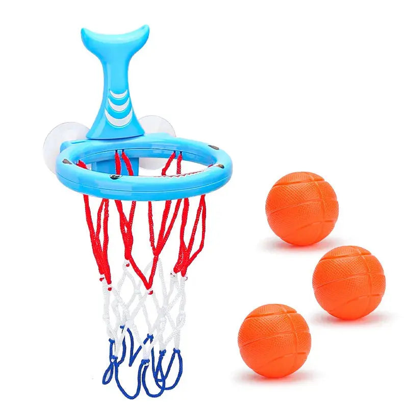 Baby bath toy set with suction cup basketball hoop and three balls, designed for water play in the bathtub.