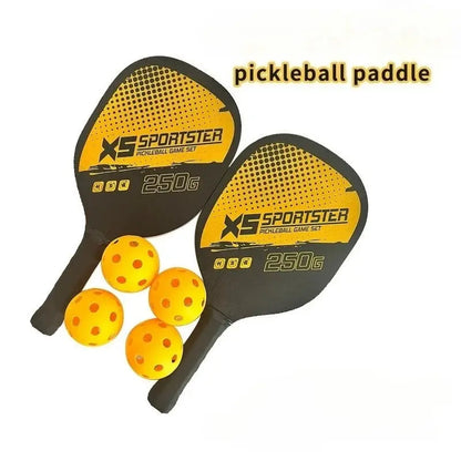 Zenn Organics Inc pickleball racket set with two paddles and four pickleballs on a neutral background.
