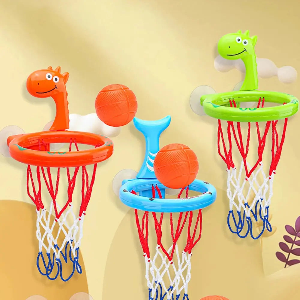 Baby bath toy set with suction cup basketball hoop and three balls, water play toys for kids in a bathroom setting.