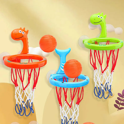 Baby bath toy set with suction cup basketball hoop and three balls, water play toys for kids in a bathroom setting.