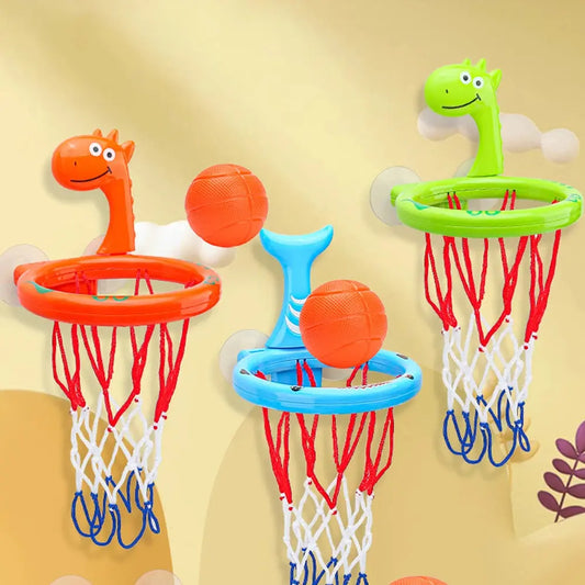 Baby bath toy set with suction cup basketball hoop and three balls, water play toys for kids in a bathroom setting.