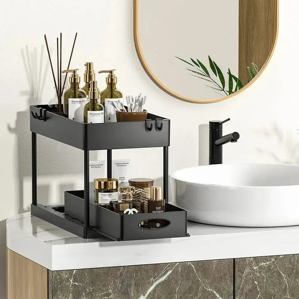 2 Tier Under Sink Organizer Sliding Cabinet Basket Organizer Storage Rack with Hooks Hanging Cup Bathroom Kitchen Organizer Zenn Organics Inc