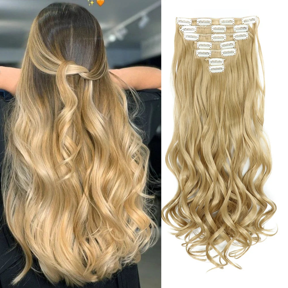 Clip In Hair Extensions 7 PCS Full Head 22 Inch Long Curly Wavy Synthetic Hair Pieces Natural Wavy For Women Girls Hair Zenn Organics Inc