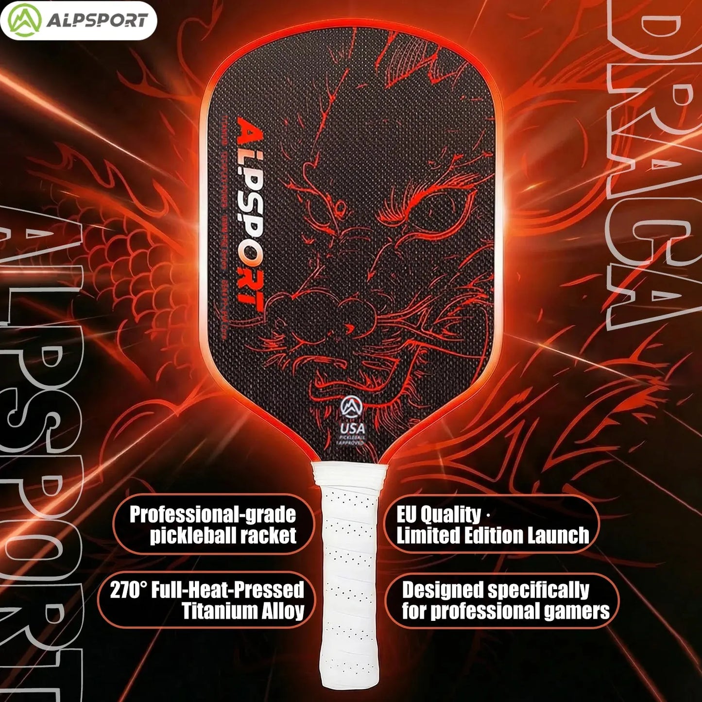 ALPSPORT Draca Pickleball Paddle 16mm Gen4 Core Thermoformed Titanium Alloy T800 Carbon Fiber Increases Spin & Power Zenn Organics Inc