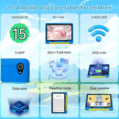 Kid Tablet Android 15 Tablet for Kids 10 inch 20GB+64GB 8-Core with Case 1TB TF Expandable for Toddler Children Parental Control Zenn Organics Inc