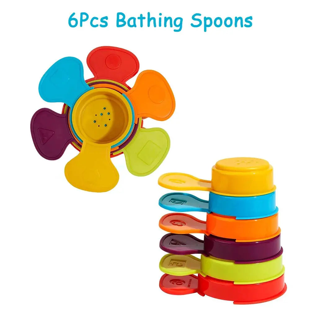 Colorful baby bath toys including stacking boat, spoons, and a folding rainbow tower for early learning and sensory play.