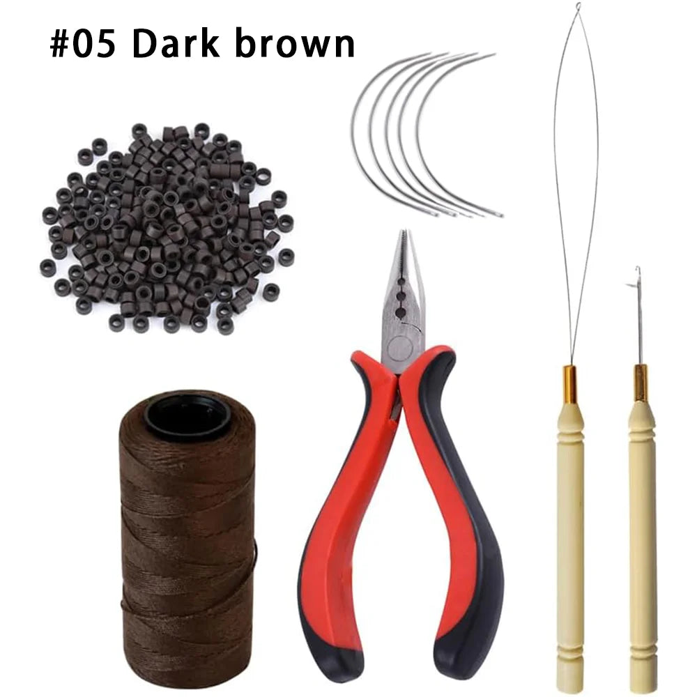 Hair Extensions Tool Kit: 1 three hole hair clipper, 1 roll sewing thread, 1 crochet hook, 5 sewing needles, 1 bead machine, 250 Zenn Organics Inc