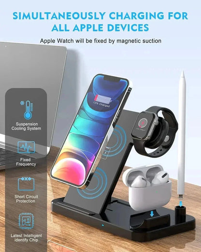 Wireless charging station by Zenn Organics Inc featuring a 4-in-1 stand with multiple device charging pads and sleek design
