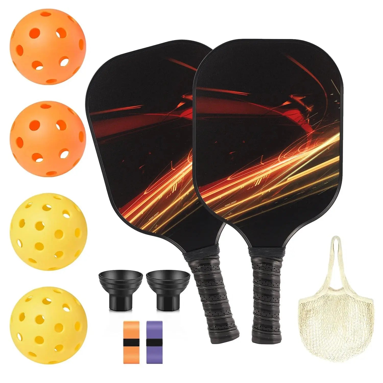 Zenn Organics Inc USAPA approved graphite pickleball paddles set with beach tennis and outdoor pickleball racquets on a court.