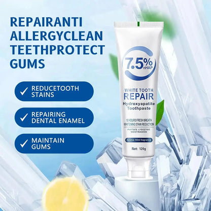 Zenn Organics Inc whitening toothpaste with hydroxyapatite, showing a tube with fresh breath and plaque removal, brightening teeth.