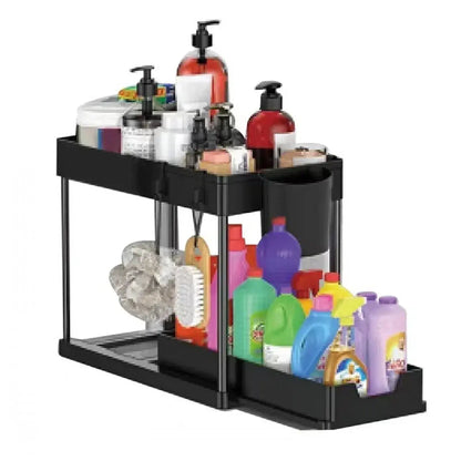 2 Tier Under Sink Organizer Sliding Cabinet Basket Organizer Storage Rack with Hooks Hanging Cup Bathroom Kitchen Organizer Zenn Organics Inc