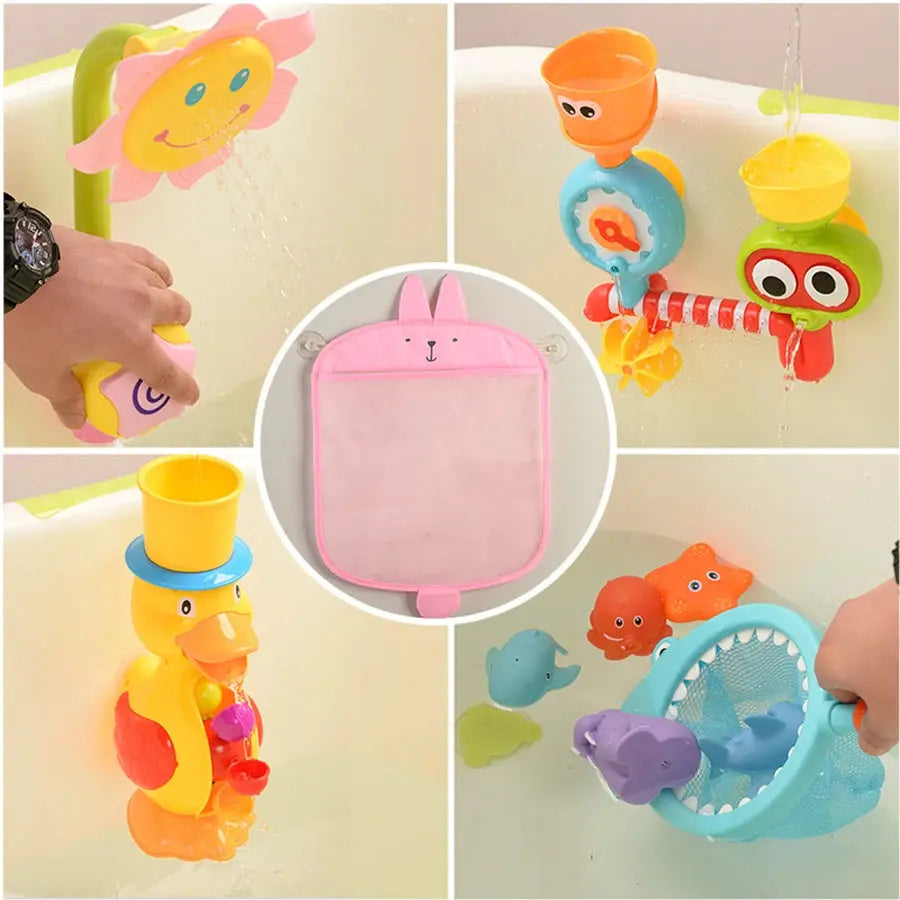 Baby shower bath toy mesh bag with suction cups, featuring cartoon animal shapes for kids' bath toys storage by Zenn Organics Inc.