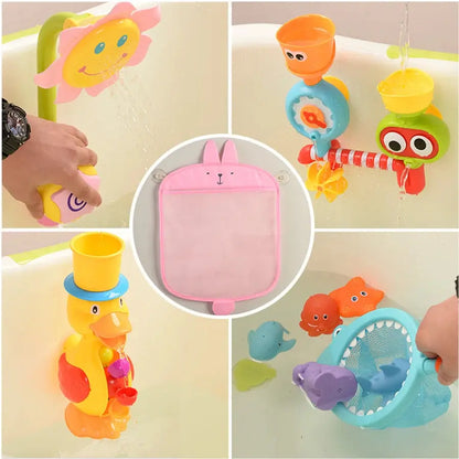 Baby shower bath toy mesh bag with suction cups, featuring cartoon animal shapes for kids' bath toys storage by Zenn Organics Inc.