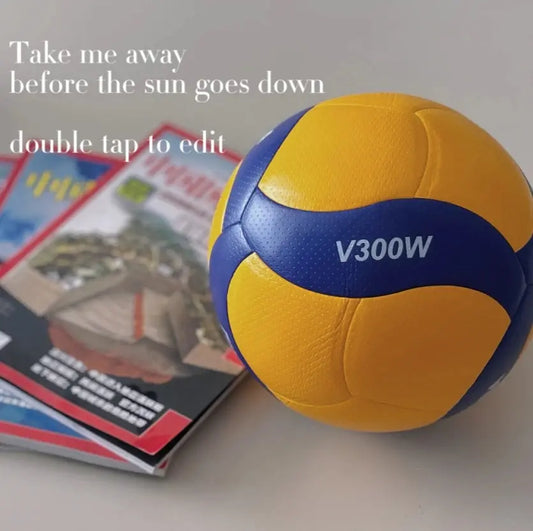 Zenn Organics Inc Original V200W V300W size 5 competition game volleyball on a court, showing its textured surface and branding