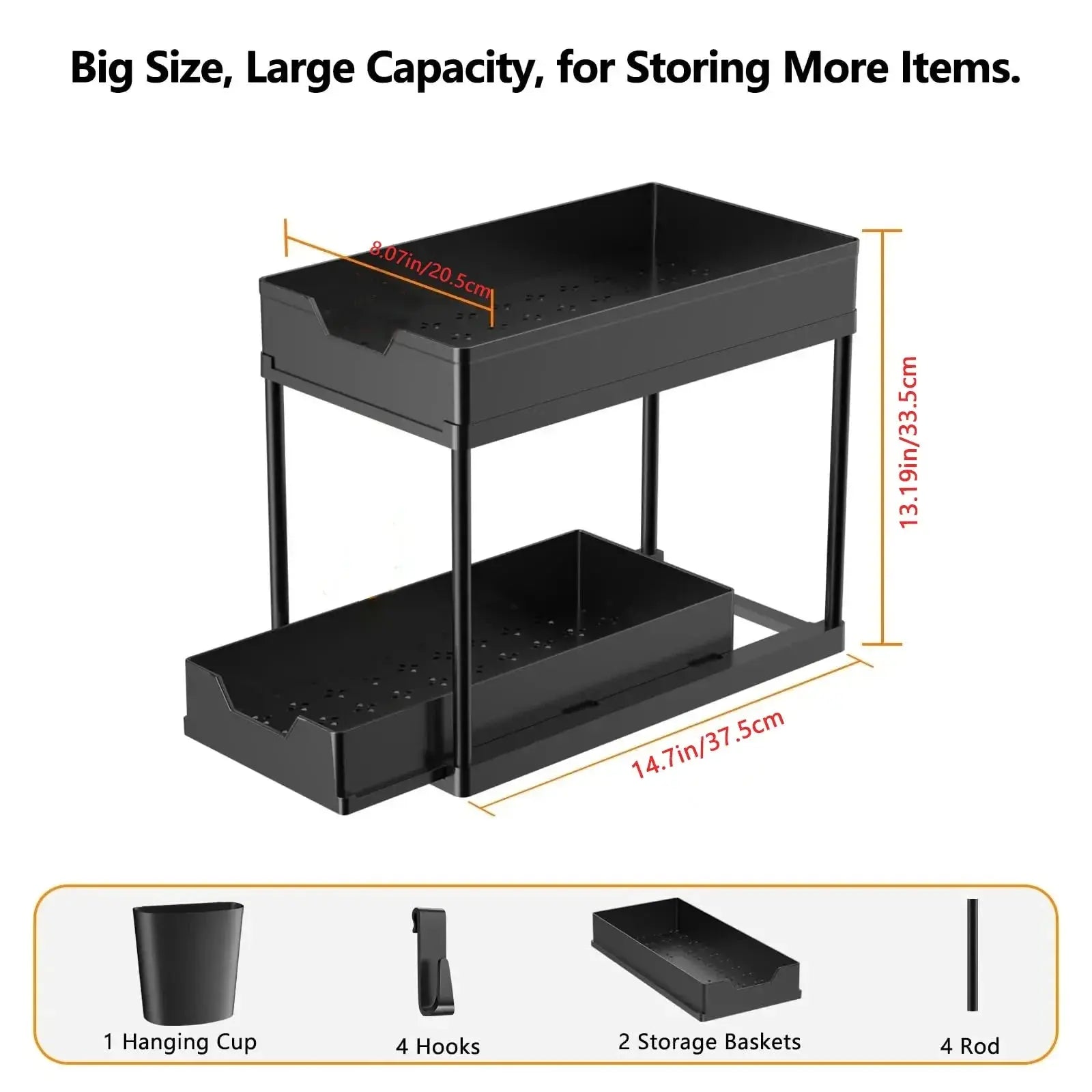 2 Tier Under Sink Organizer Sliding Cabinet Basket Organizer Storage Rack with Hooks Hanging Cup Bathroom Kitchen Organizer Zenn Organics Inc