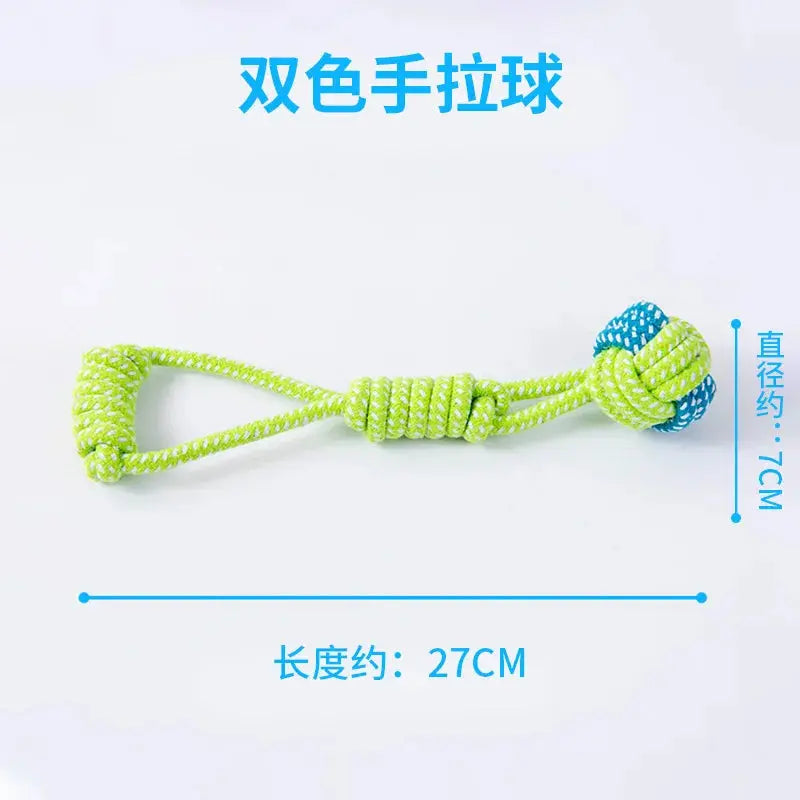 Interactive cotton rope and ball dog toy for large and small dogs, suitable for chewing and dental play, by Zenn Organics Inc.