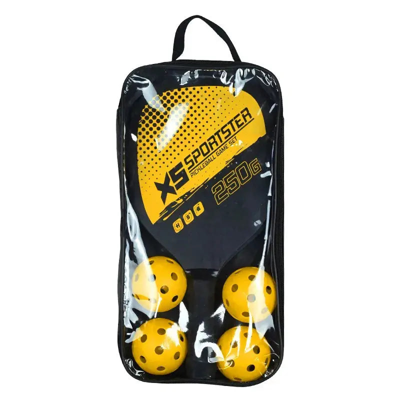 Zenn Organics Inc pickleball racket set with two paddles and four pickleballs on a sports surface.