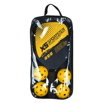 Zenn Organics Inc pickleball racket set with two paddles and four pickleballs on a sports surface.