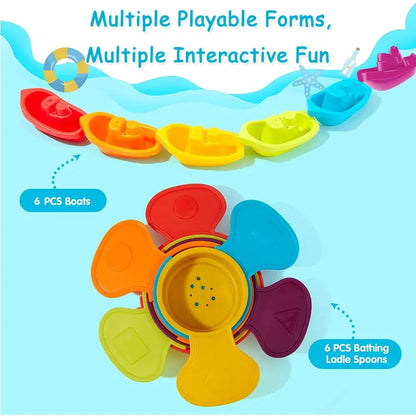 Colorful baby bath toys including stacking boat, spoons, and rainbow stacking cups for early learning and sensory play.