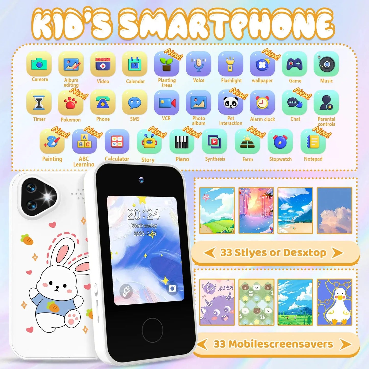 Kids Smart Phone with Dual Camera, 2.8" Touchscreen, 720P IPS Display, Battery, USB-C Charging, 4+ Years Old, prefer gift Zenn Organics Inc