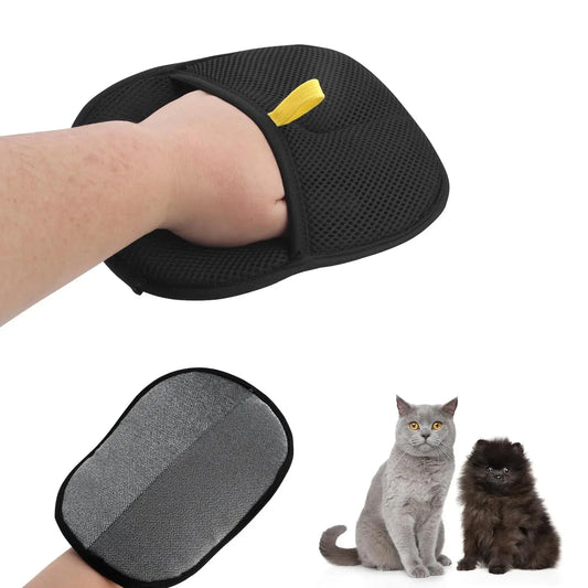 Reusable pet hair removal grooming gloves from Zenn Organics Inc, double-sided static gloves for removing pet fur from carpets and furniture.