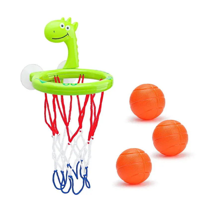 Baby bath toy set with suction cup basketball hoop and three balls, water play toys for kids in a bathroom setting.