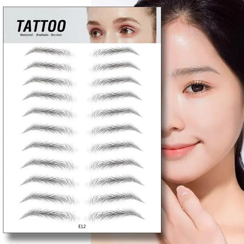 Waterproof 4D eyebrow tattoo stickers by Health & Beauty-5, showing natural-looking brow designs on clear backing.