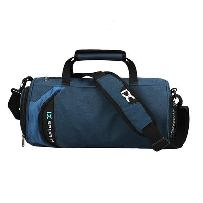 Men's Gym and Travel Duffel Bag by Fitness-6, black nylon with shoulder strap, multiple zippered compartments, and sturdy handles.