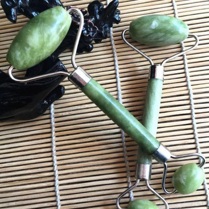 Double head jade face roller from Health & Beauty-5 with two smooth jade rollers for facial massage and skincare.