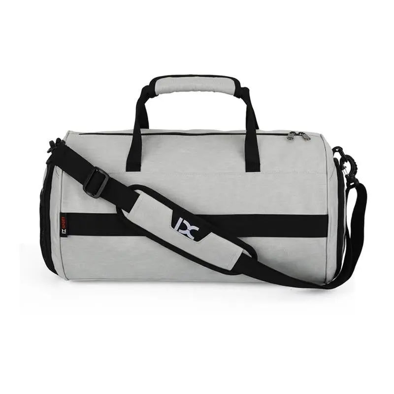 Men's Gym and Travel Duffel Bag by Fitness-6, showing a spacious black duffel with handles and zipper compartments.